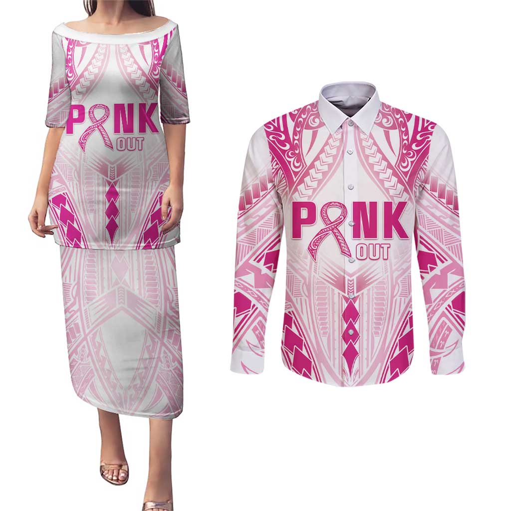 Breast Cancer Pink Out Couples Matching Puletasi and Long Sleeve Button Shirt Polynesian Art Tattoo White Version