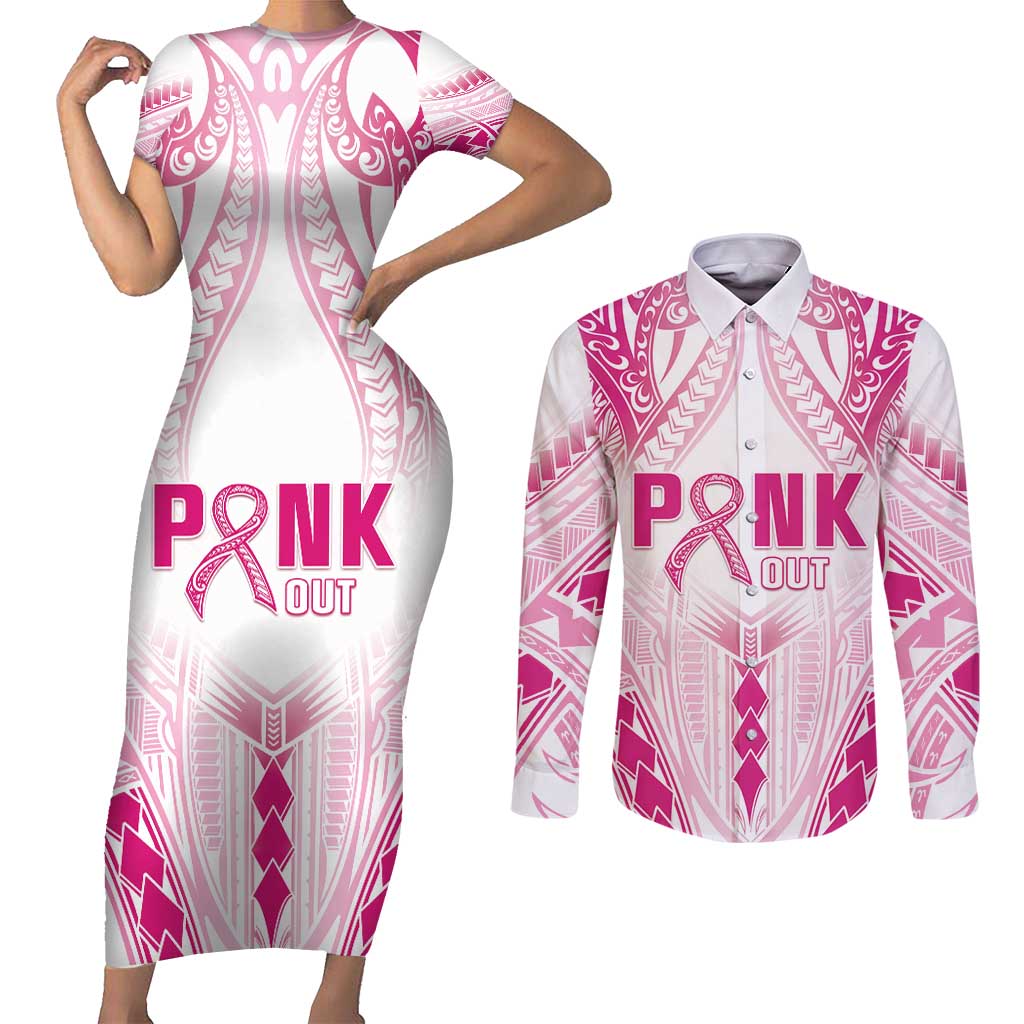 Breast Cancer Pink Out Couples Matching Short Sleeve Bodycon Dress and Long Sleeve Button Shirt Polynesian Art Tattoo White Version