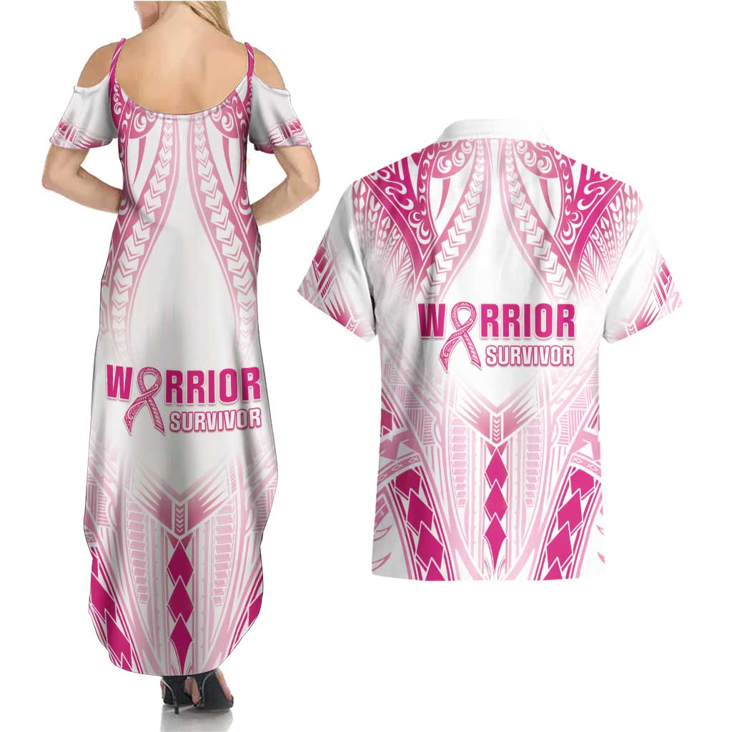 Breast Cancer Pink Out Couples Matching Summer Maxi Dress and Hawaiian Shirt Polynesian Art Tattoo White Version
