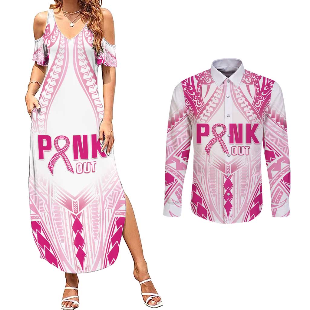 Breast Cancer Pink Out Couples Matching Summer Maxi Dress and Long Sleeve Button Shirt Polynesian Art Tattoo White Version