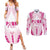 Breast Cancer Pink Out Couples Matching Summer Maxi Dress and Long Sleeve Button Shirt Polynesian Art Tattoo White Version