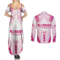 Breast Cancer Pink Out Couples Matching Summer Maxi Dress and Long Sleeve Button Shirt Polynesian Art Tattoo White Version