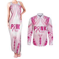 Breast Cancer Pink Out Couples Matching Tank Maxi Dress and Long Sleeve Button Shirt Polynesian Art Tattoo White Version