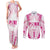 Breast Cancer Pink Out Couples Matching Tank Maxi Dress and Long Sleeve Button Shirt Polynesian Art Tattoo White Version