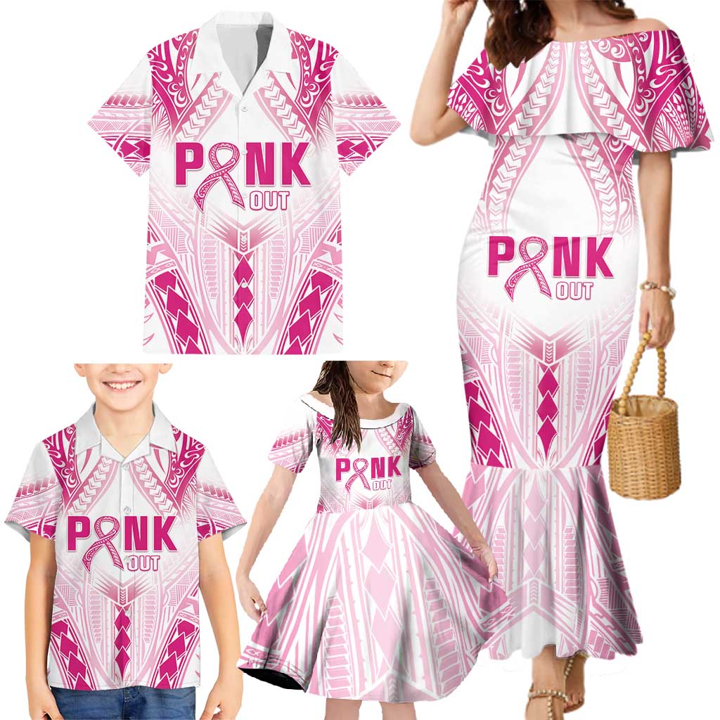 Breast Cancer Pink Out Family Matching Mermaid Dress and Hawaiian Shirt Polynesian Art Tattoo White Version