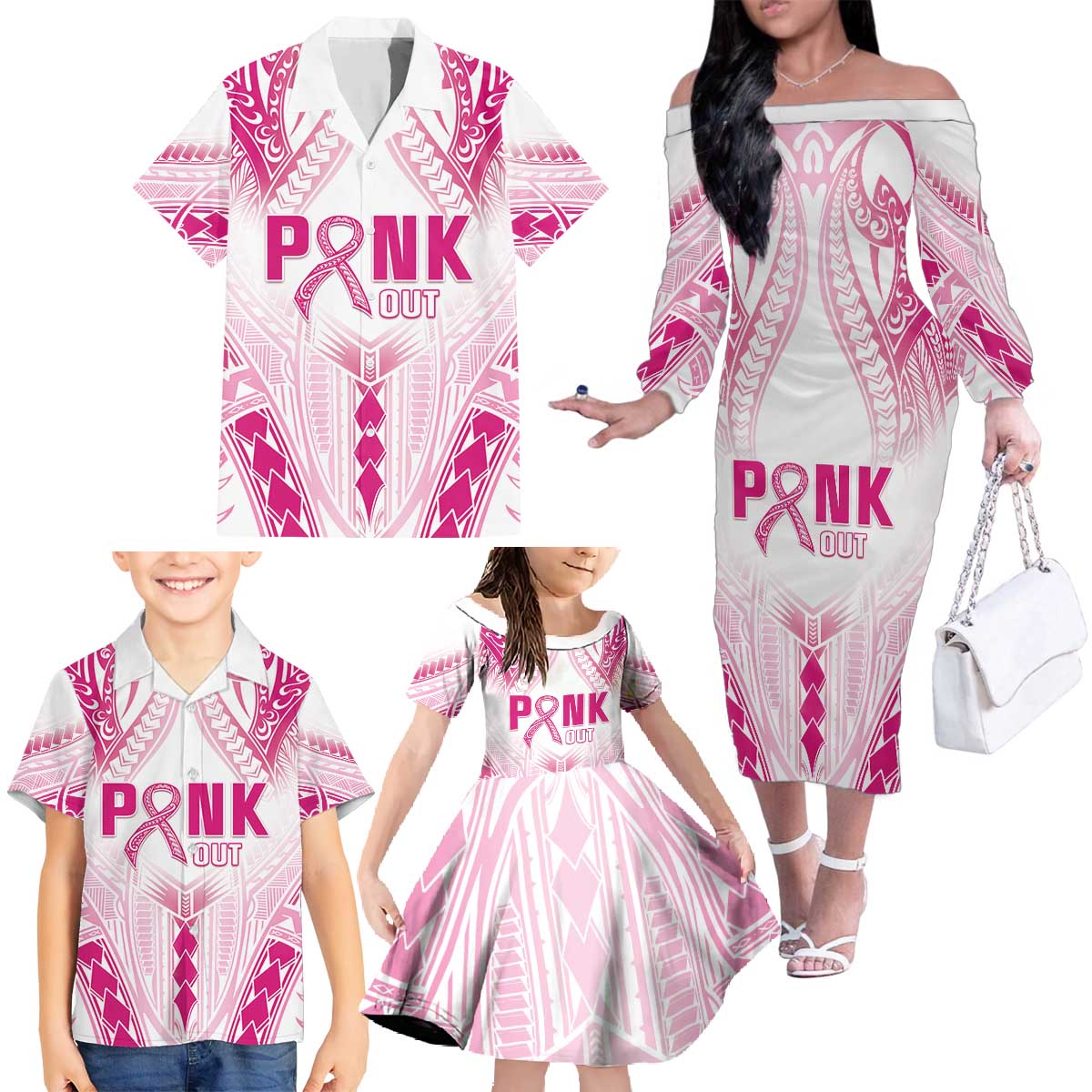 Breast Cancer Pink Out Family Matching Off The Shoulder Long Sleeve Dress and Hawaiian Shirt Polynesian Art Tattoo White Version