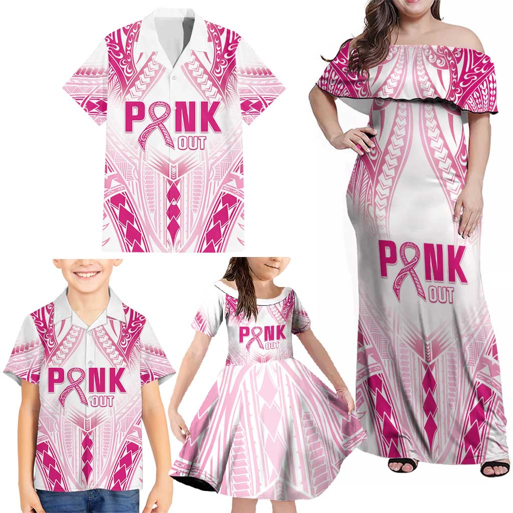 Breast Cancer Pink Out Family Matching Off Shoulder Maxi Dress and Hawaiian Shirt Polynesian Art Tattoo White Version LT05 - Polynesian Pride