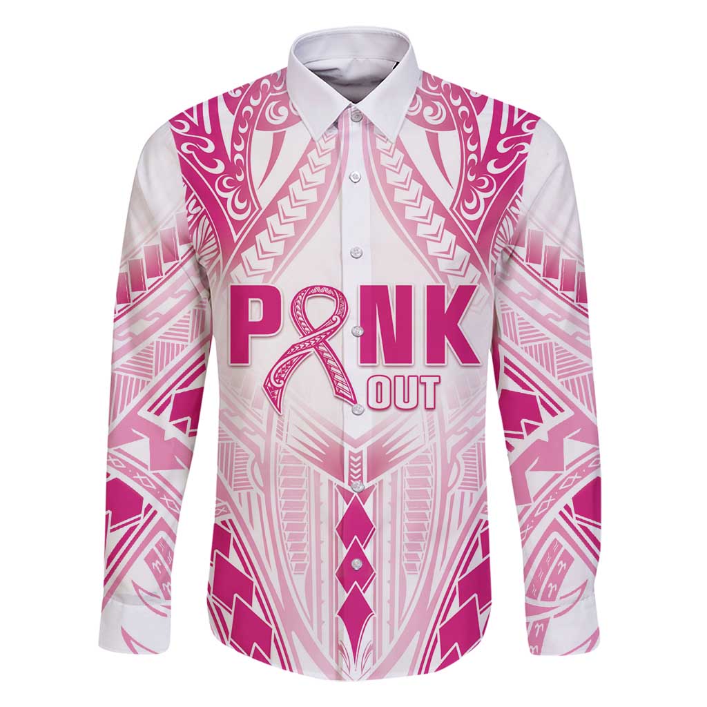 Breast Cancer Pink Out Family Matching Off Shoulder Maxi Dress and Hawaiian Shirt Polynesian Art Tattoo White Version LT05 Dad's Shirt - Long Sleeve White - Polynesian Pride