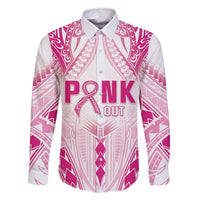 Breast Cancer Pink Out Family Matching Off Shoulder Maxi Dress and Hawaiian Shirt Polynesian Art Tattoo White Version LT05 Dad's Shirt - Long Sleeve White - Polynesian Pride