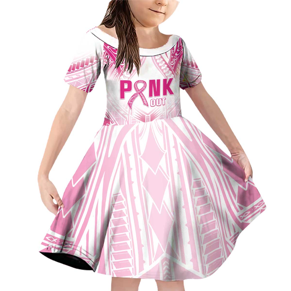 Breast Cancer Pink Out Family Matching Off Shoulder Short Dress and Hawaiian Shirt Polynesian Art Tattoo White Version LT05 Daughter's Dress White - Polynesian Pride