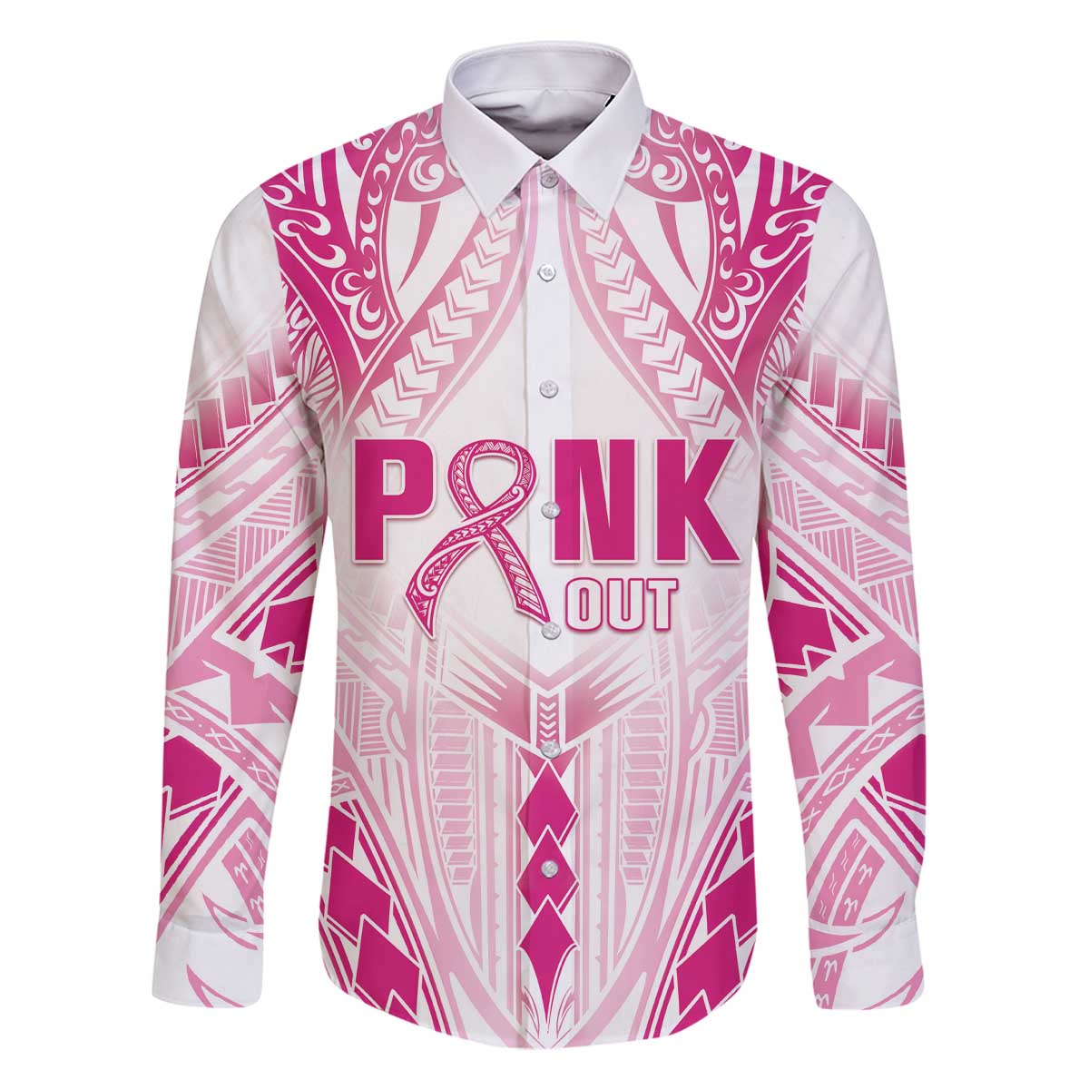 Breast Cancer Pink Out Family Matching Off Shoulder Short Dress and Hawaiian Shirt Polynesian Art Tattoo White Version LT05 Dad's Shirt - Long Sleeve White - Polynesian Pride