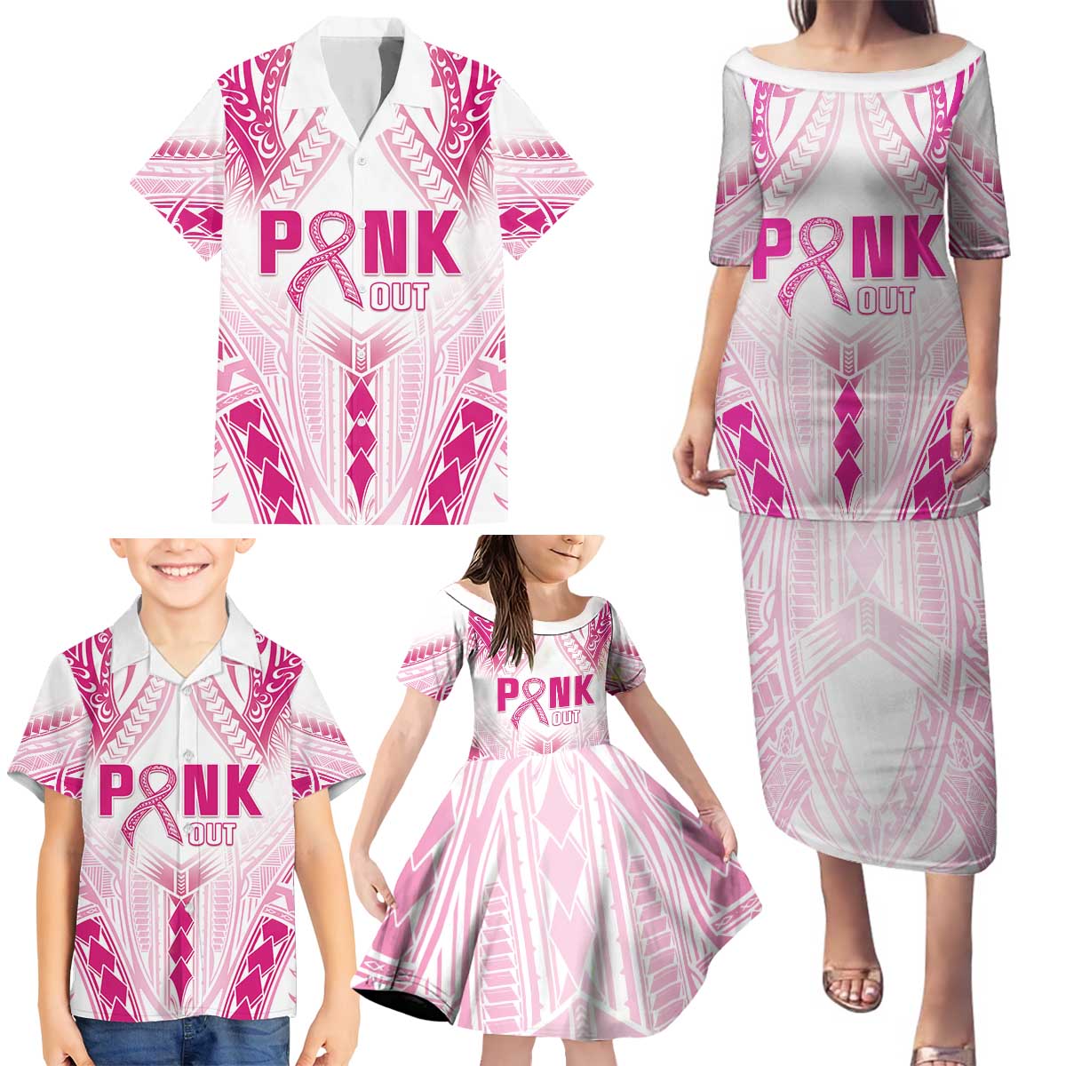 Breast Cancer Pink Out Family Matching Puletasi and Hawaiian Shirt Polynesian Art Tattoo White Version