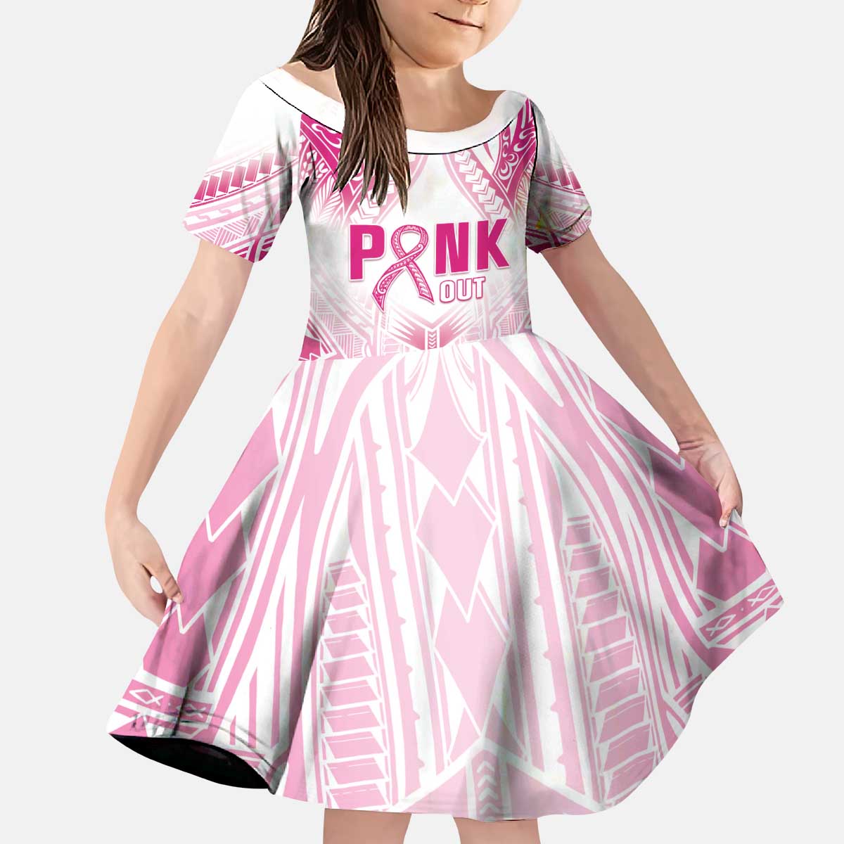 Breast Cancer Pink Out Kid Short Sleeve Dress Polynesian Art Tattoo White Version