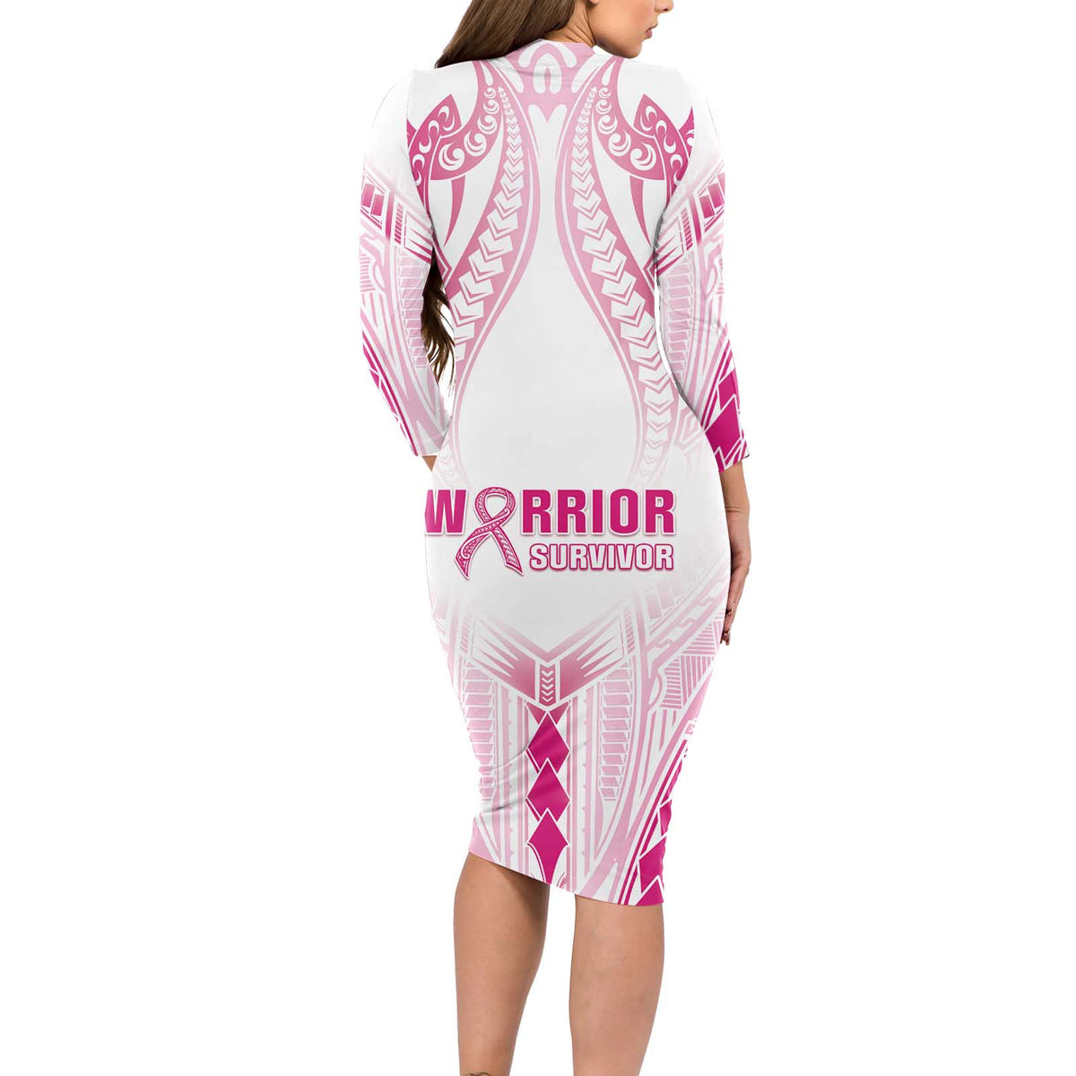 Breast Cancer Pink Out Long Sleeve Bodycon Dress Polynesian Art Tattoo White Version