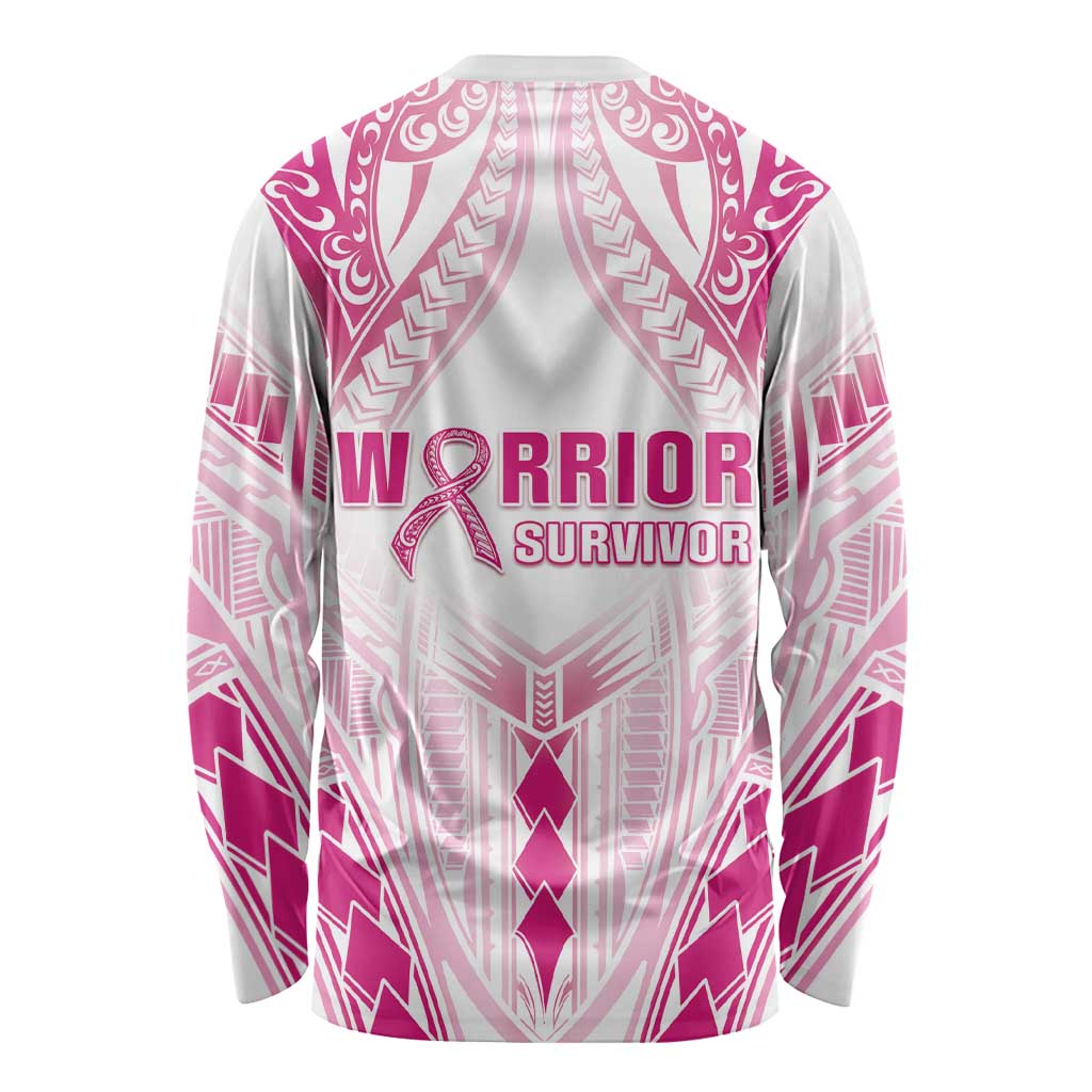 Breast Cancer Pink Out Long Sleeve Shirt Polynesian Art Tattoo White Version