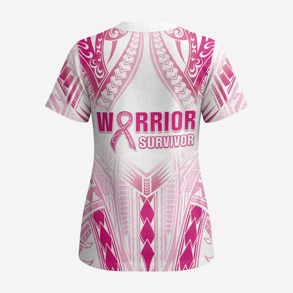 Breast Cancer Pink Out Scrub Top Polynesian Art Tattoo White Version - Polynesian Pride