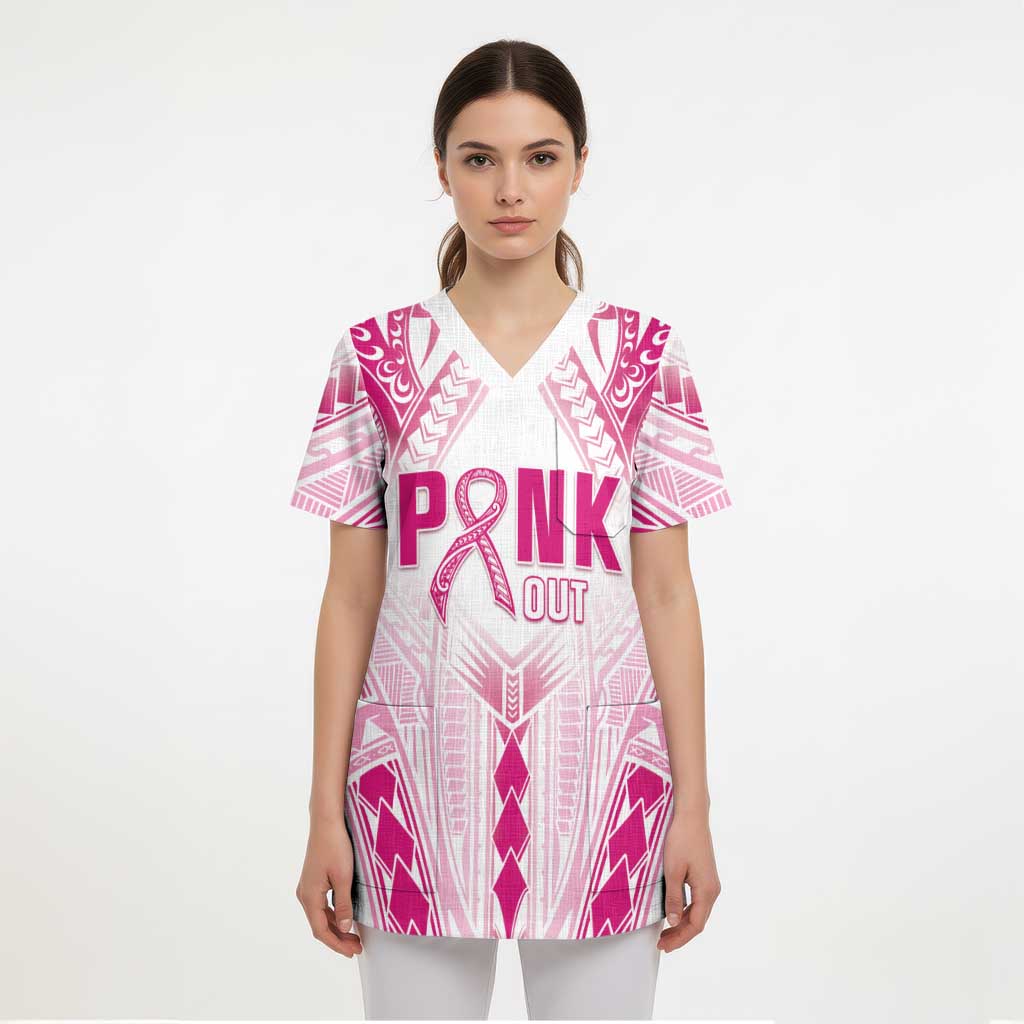 Breast Cancer Pink Out Scrub Top Polynesian Art Tattoo White Version - Polynesian Pride