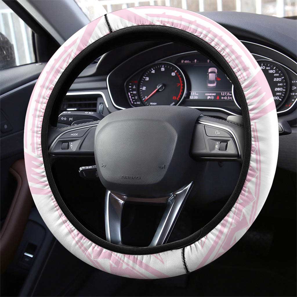Breast Cancer Pink Out Steering Wheel Cover Polynesian Art Tattoo White Version