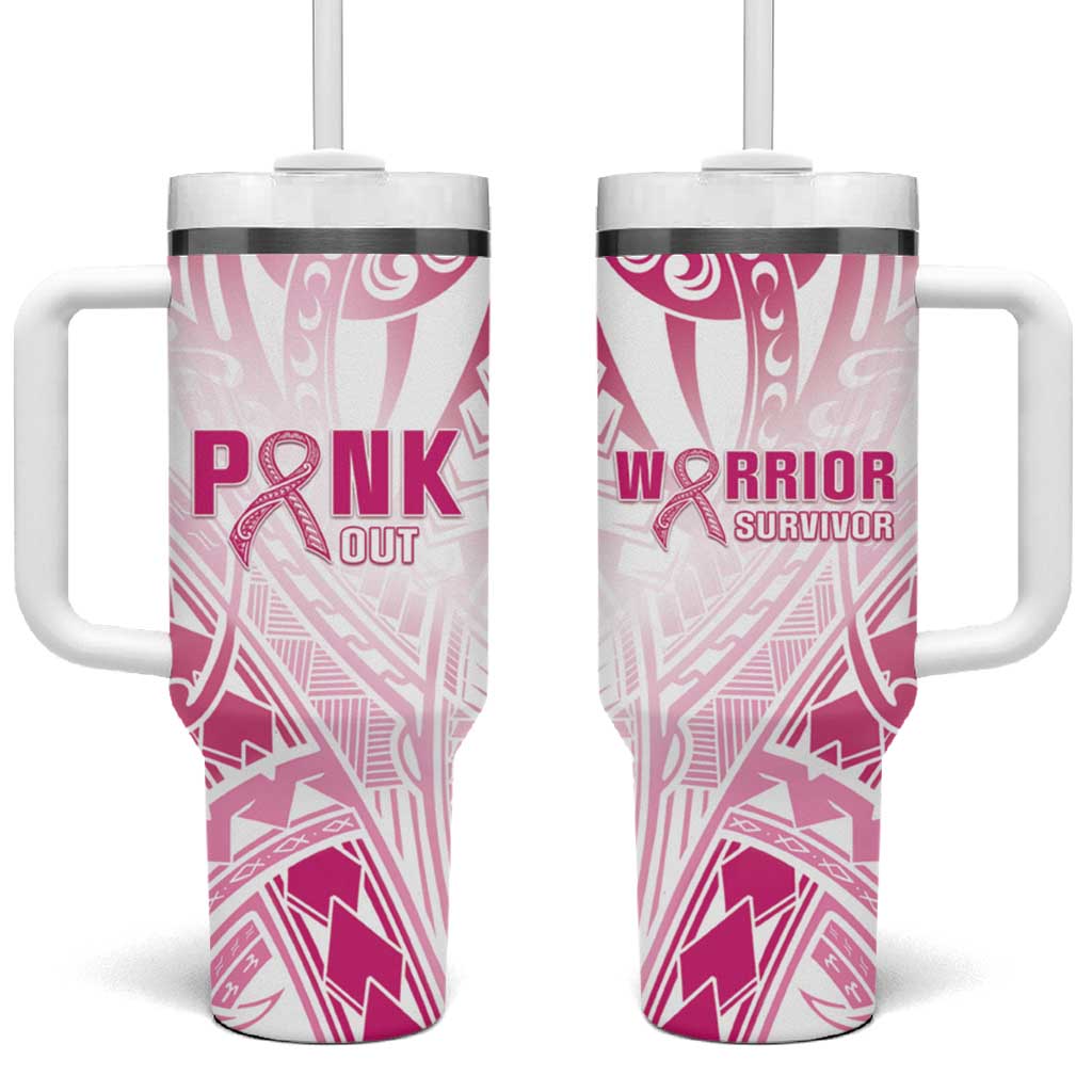 Breast Cancer Pink Out Tumbler With Handle Polynesian Art Tattoo White Version