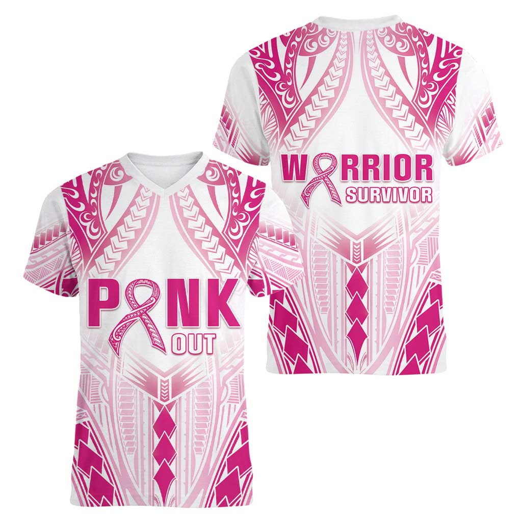 Breast Cancer Pink Out Women V-Neck T-Shirt Polynesian Art Tattoo White Version LT05 - Polynesian Pride