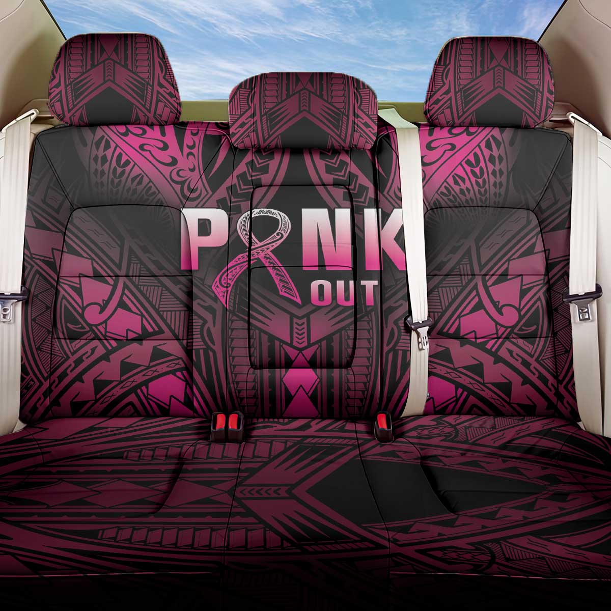 Breast Cancer Pink Out Back Car Seat Cover Polynesian Art Tattoo Black Version