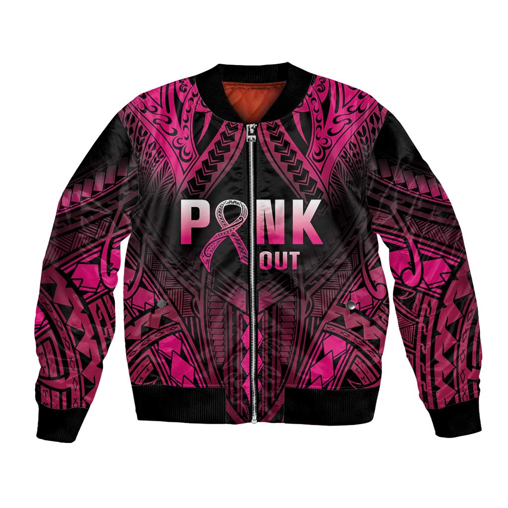 Breast Cancer Pink Out Bomber Jacket Polynesian Art Tattoo Black Version