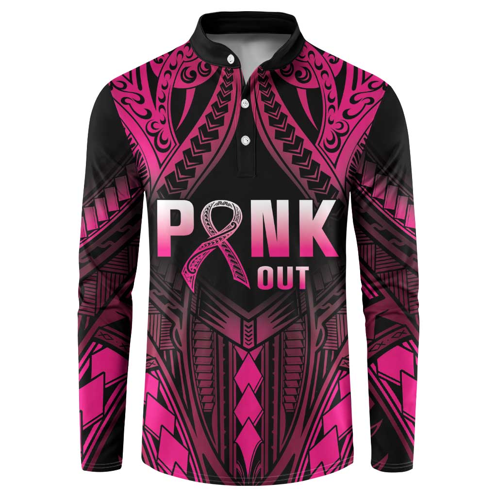 Breast Cancer Pink Out Button Sweatshirt Polynesian Art Tattoo Black Version