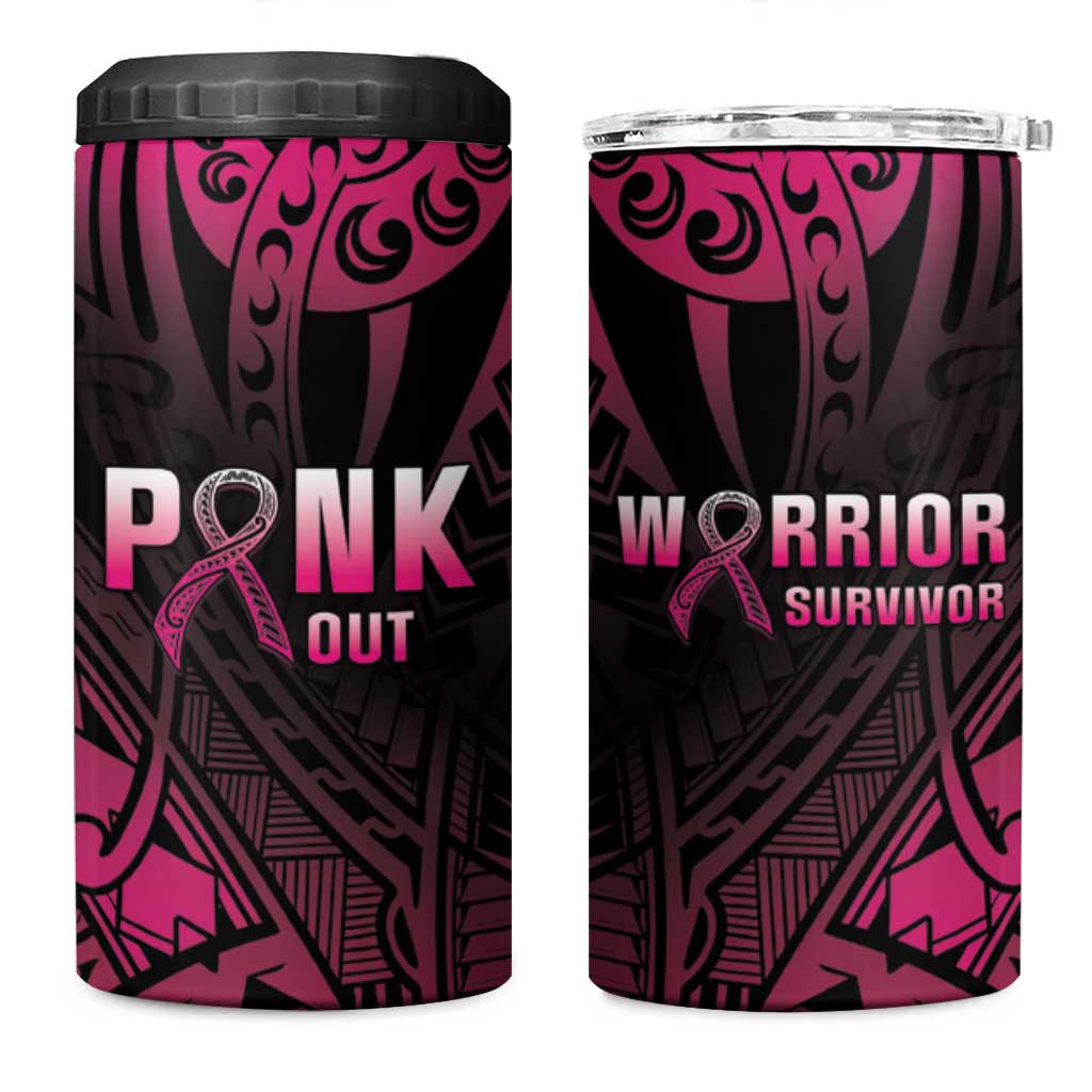 Breast Cancer Pink Out 4 in 1 Can Cooler Tumbler Polynesian Art Tattoo Black Version