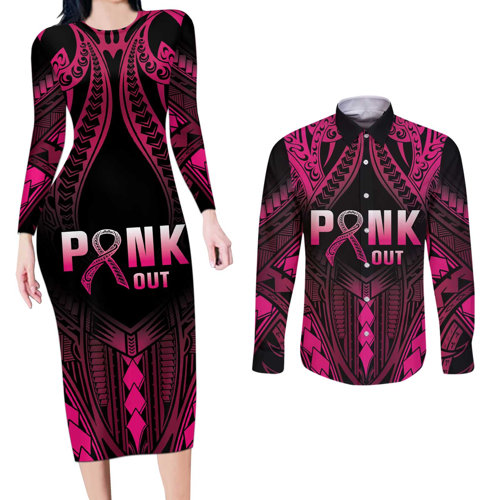 Breast Cancer Pink Out Couples Matching Long Sleeve Bodycon Dress and Long Sleeve Button Shirt Polynesian Art Tattoo Black Version