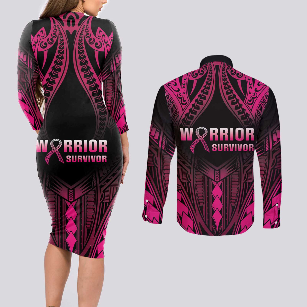 Breast Cancer Pink Out Couples Matching Long Sleeve Bodycon Dress and Long Sleeve Button Shirt Polynesian Art Tattoo Black Version