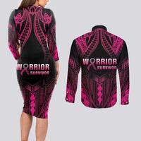 Breast Cancer Pink Out Couples Matching Long Sleeve Bodycon Dress and Long Sleeve Button Shirt Polynesian Art Tattoo Black Version