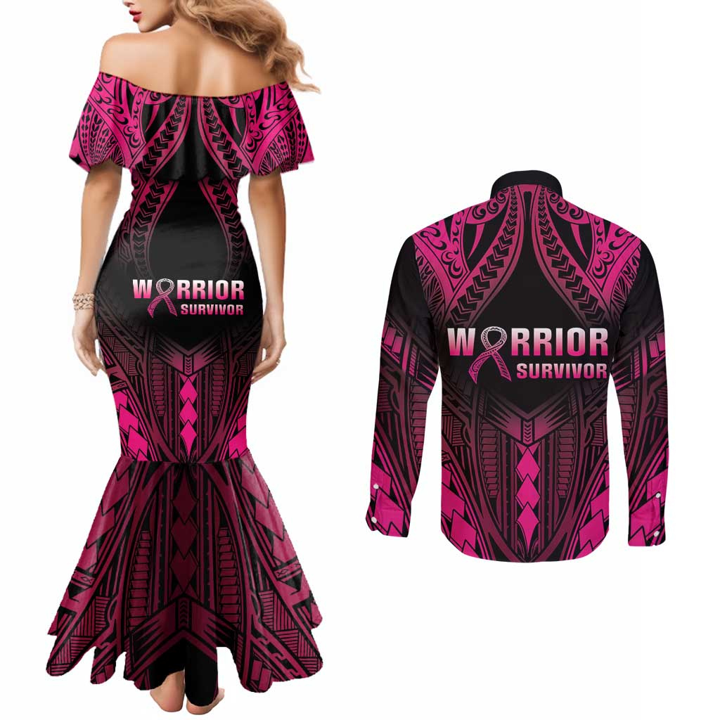 Breast Cancer Pink Out Couples Matching Mermaid Dress and Long Sleeve Button Shirt Polynesian Art Tattoo Black Version