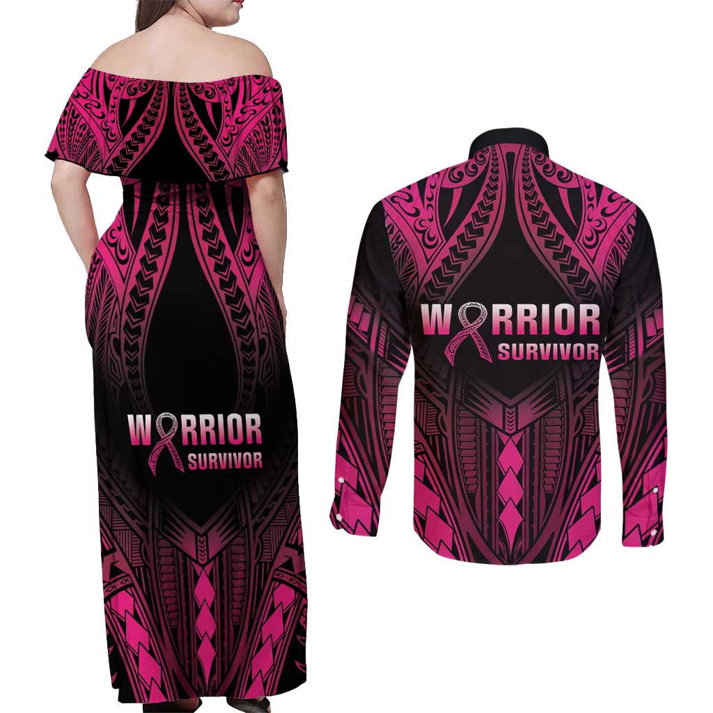 Breast Cancer Pink Out Couples Matching Off Shoulder Maxi Dress and Long Sleeve Button Shirt Polynesian Art Tattoo Black Version