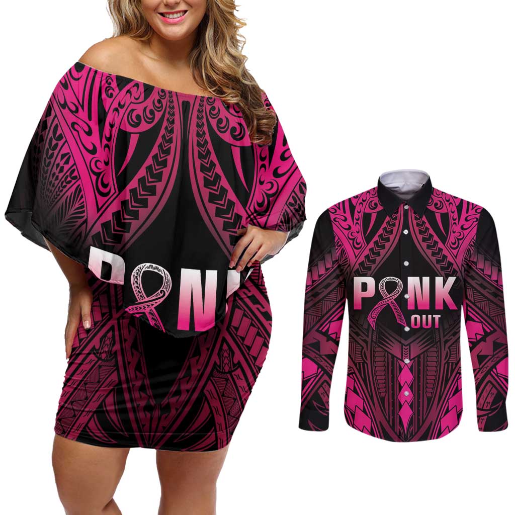 Breast Cancer Pink Out Couples Matching Off Shoulder Short Dress and Long Sleeve Button Shirt Polynesian Art Tattoo Black Version