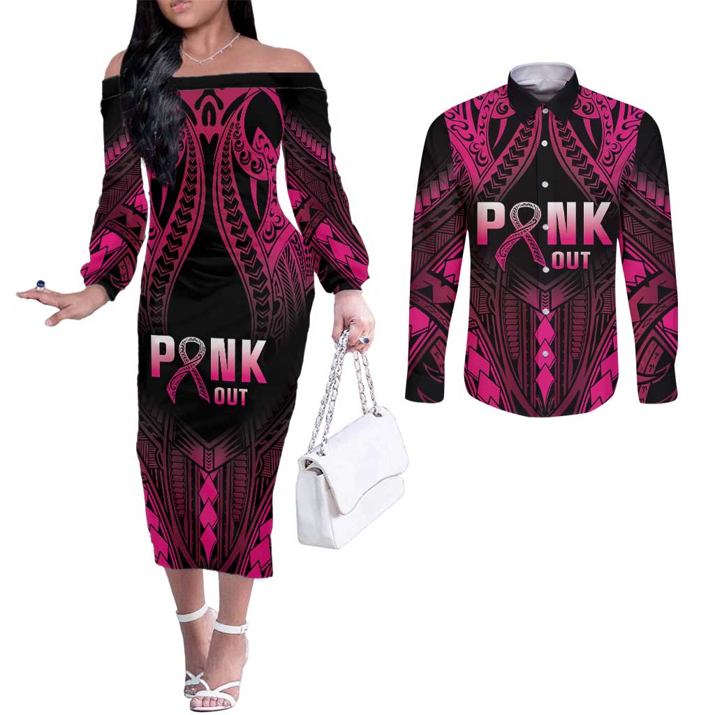 Breast Cancer Pink Out Couples Matching Off The Shoulder Long Sleeve Dress and Long Sleeve Button Shirt Polynesian Art Tattoo Black Version