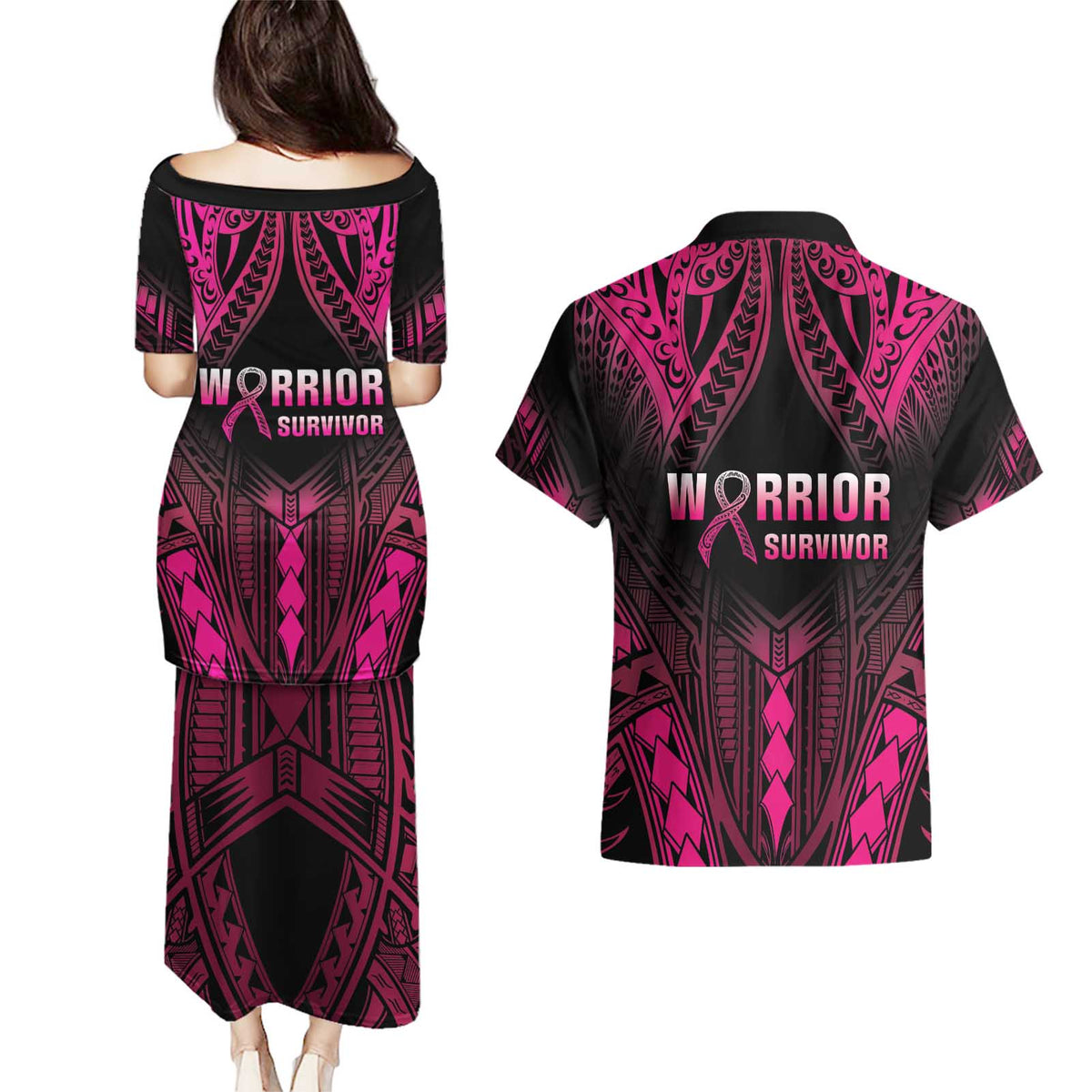 Breast Cancer Pink Out Couples Matching Puletasi and Hawaiian Shirt Polynesian Art Tattoo Black Version