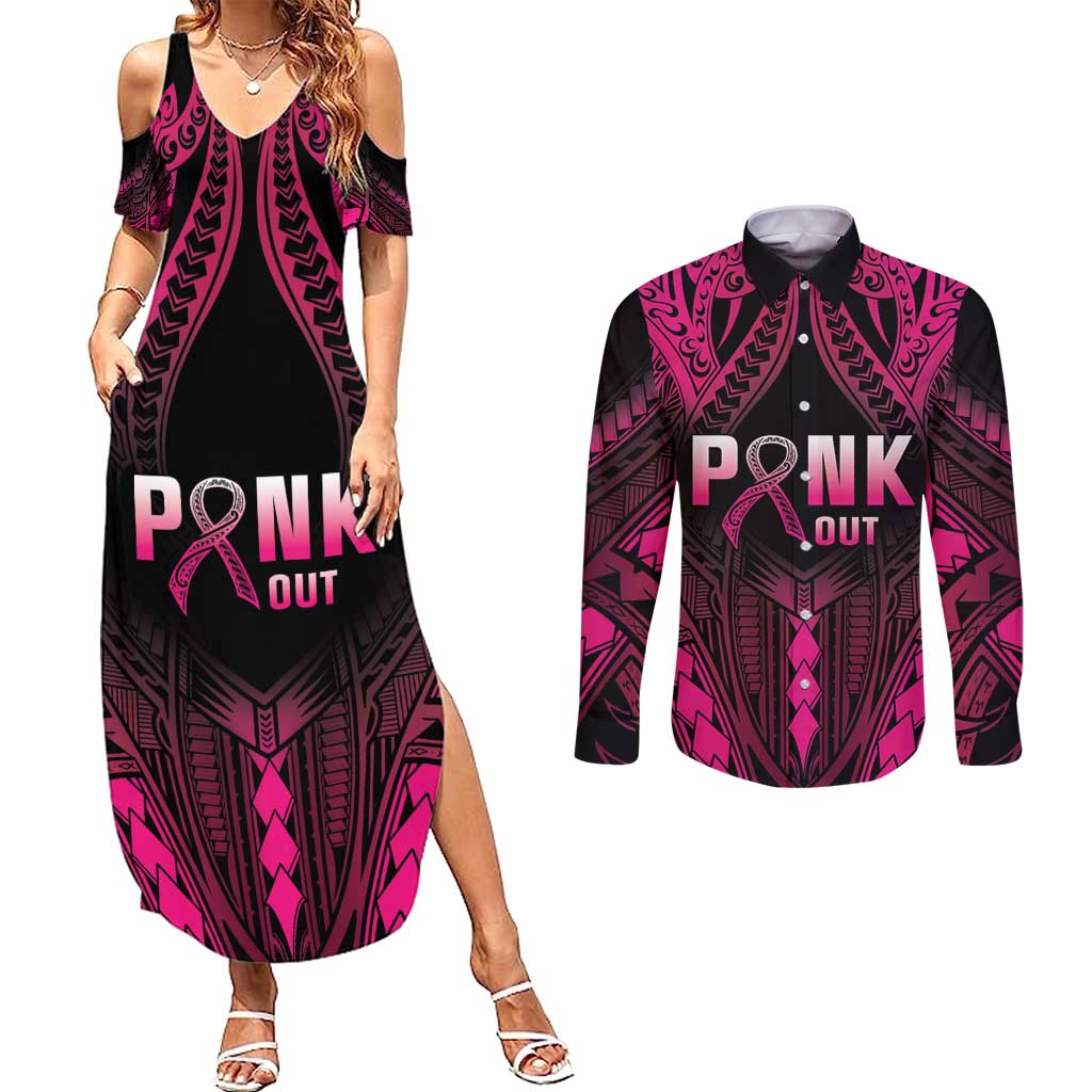 Breast Cancer Pink Out Couples Matching Summer Maxi Dress and Long Sleeve Button Shirt Polynesian Art Tattoo Black Version