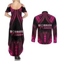 Breast Cancer Pink Out Couples Matching Summer Maxi Dress and Long Sleeve Button Shirt Polynesian Art Tattoo Black Version