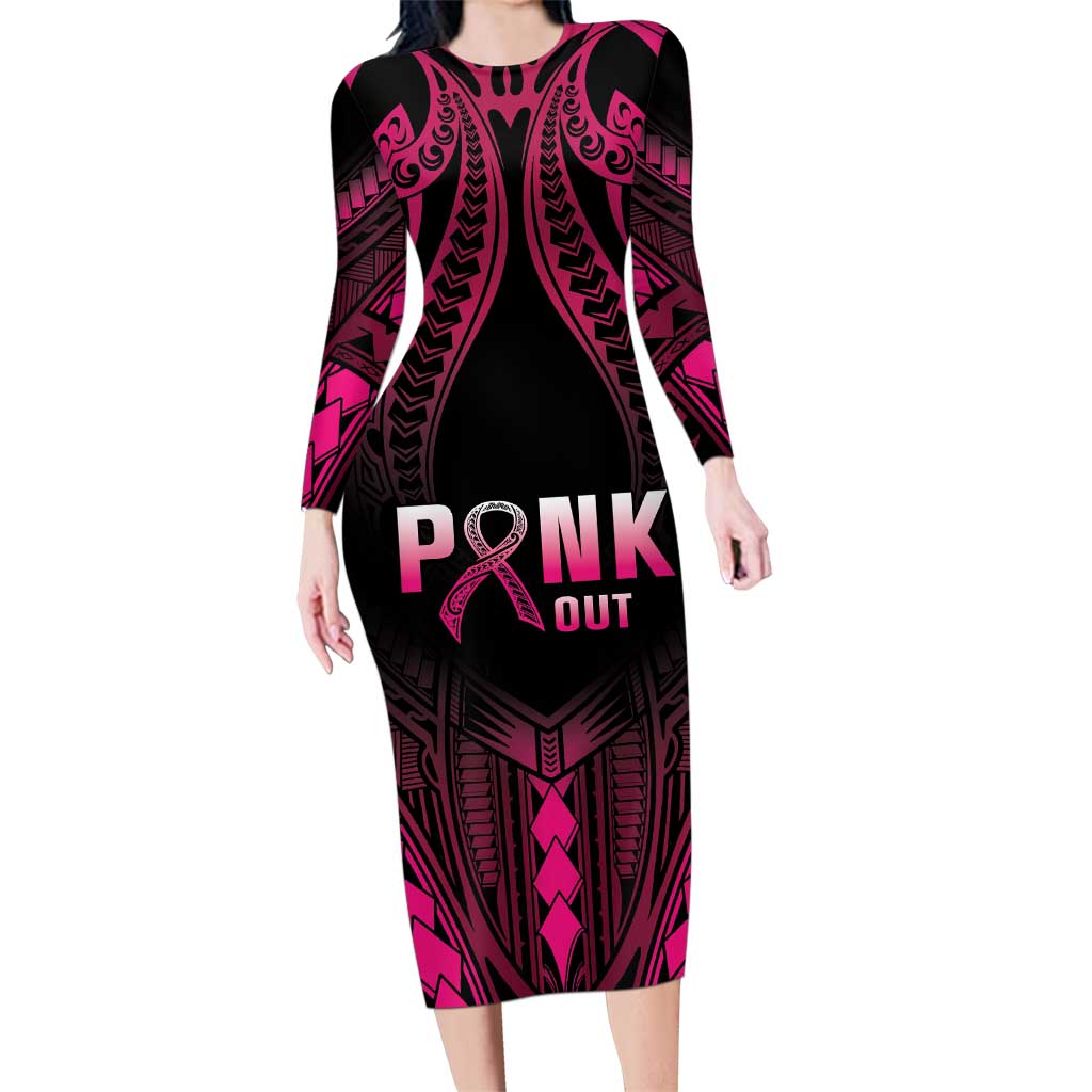 Breast Cancer Pink Out Family Matching Long Sleeve Bodycon Dress and Hawaiian Shirt Polynesian Art Tattoo Black Version