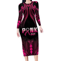 Breast Cancer Pink Out Family Matching Long Sleeve Bodycon Dress and Hawaiian Shirt Polynesian Art Tattoo Black Version