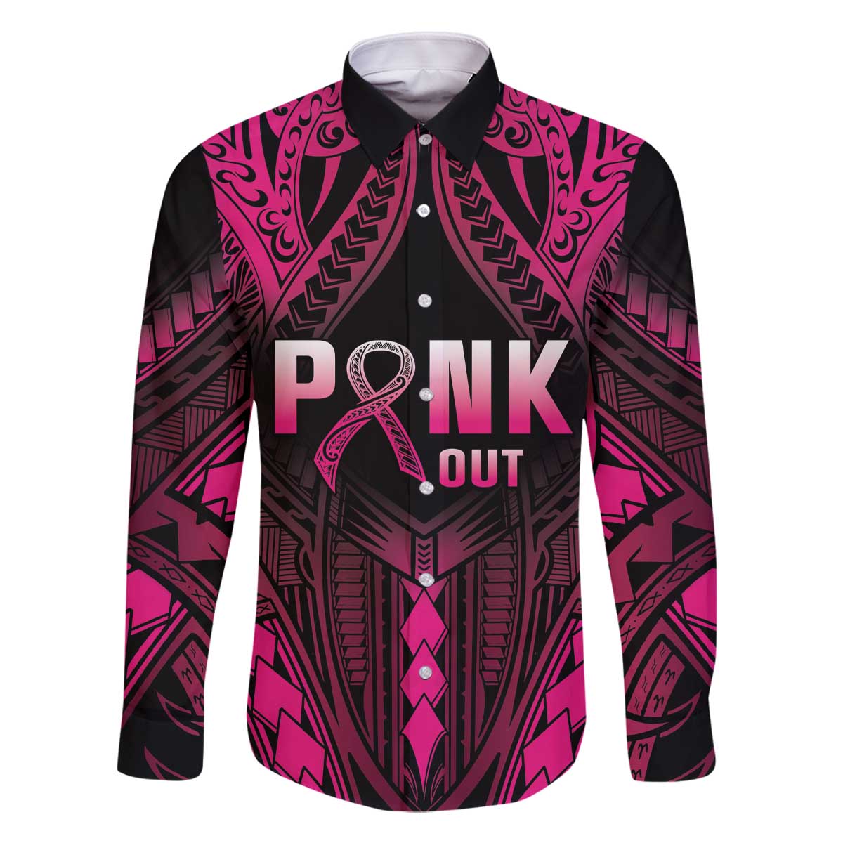 Breast Cancer Pink Out Family Matching Off Shoulder Short Dress and Hawaiian Shirt Polynesian Art Tattoo Black Version LT05 Dad's Shirt - Long Sleeve Black - Polynesian Pride