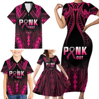 Breast Cancer Pink Out Family Matching Short Sleeve Bodycon Dress and Hawaiian Shirt Polynesian Art Tattoo Black Version LT05 - Polynesian Pride