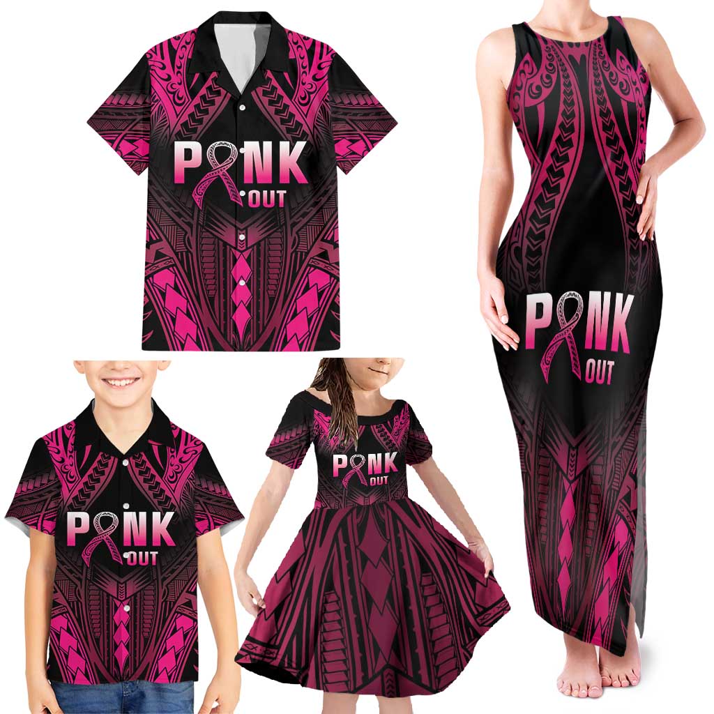 Breast Cancer Pink Out Family Matching Tank Maxi Dress and Hawaiian Shirt Polynesian Art Tattoo Black Version