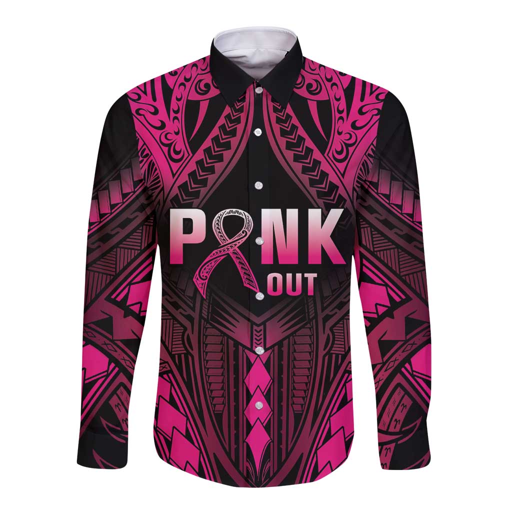 Breast Cancer Pink Out Long Sleeve Button Shirt Polynesian Art Tattoo Black Version LT05 Unisex Black - Polynesian Pride