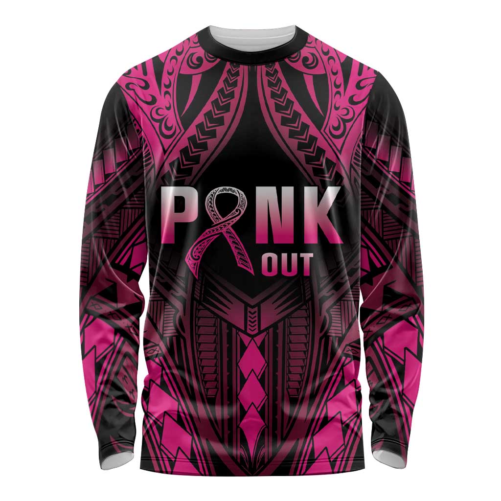 Breast Cancer Pink Out Long Sleeve Shirt Polynesian Art Tattoo Black Version