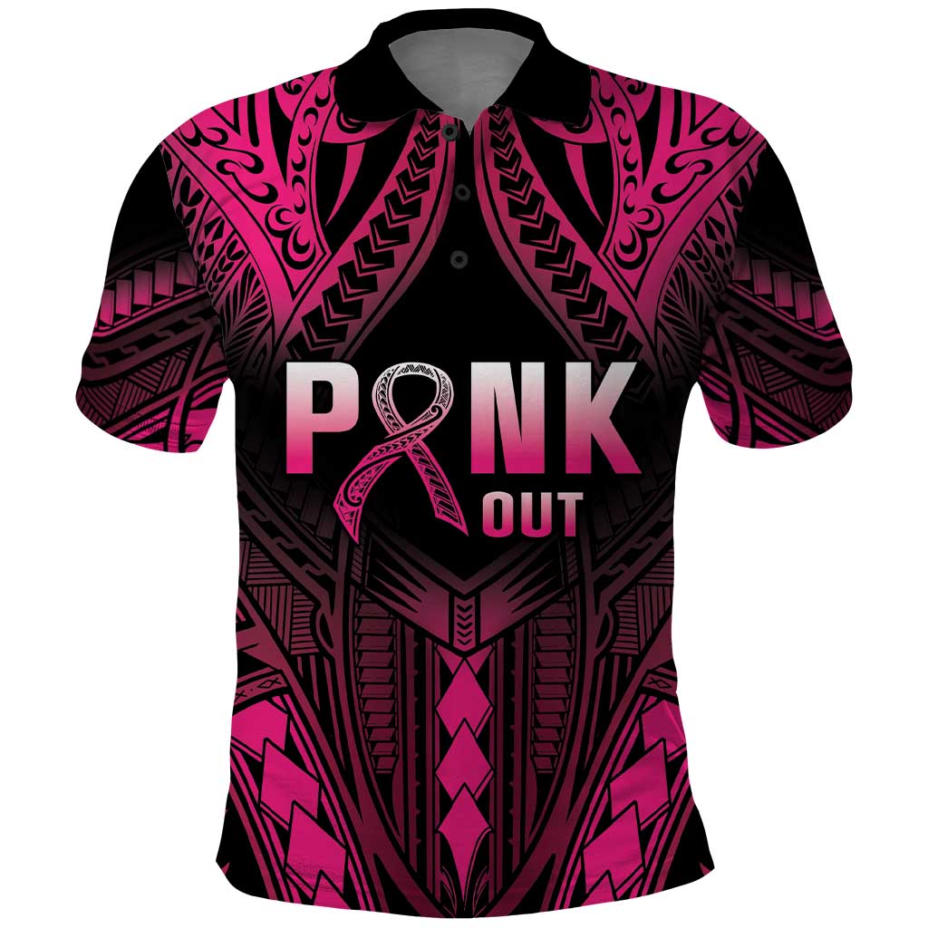 Breast Cancer Pink Out Polo Shirt Polynesian Art Tattoo Black Version