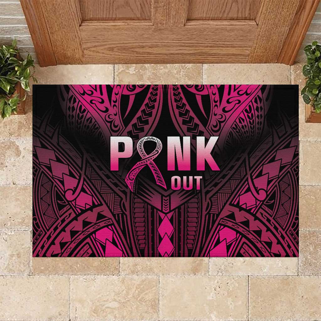 Breast Cancer Pink Out Rubber Doormat Polynesian Art Tattoo Black Version