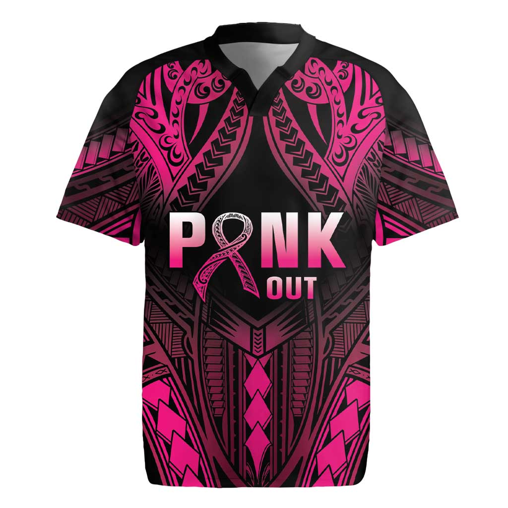 Breast Cancer Pink Out Rugby Jersey Polynesian Art Tattoo Black Version