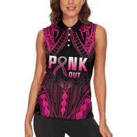 Breast Cancer Pink Out Women Sleeveless Polo Shirt Polynesian Art Tattoo Black Version