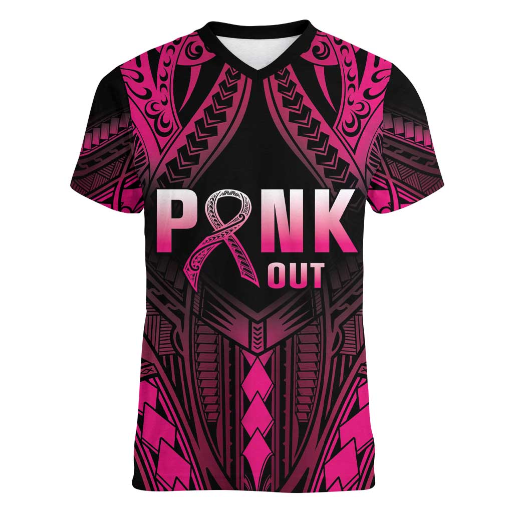 Breast Cancer Pink Out Women V-Neck T-Shirt Polynesian Art Tattoo Black Version